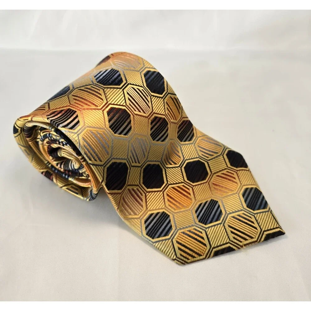 Belisi 100% Silk Hand‎ Made Tie - Gold, Amber, Blue Extra Long 67.5
